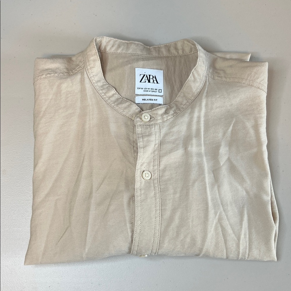Zara Mandarin Collar Button Down Shirt Beige Size Medium